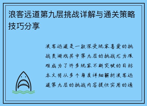 浪客远道第九层挑战详解与通关策略技巧分享
